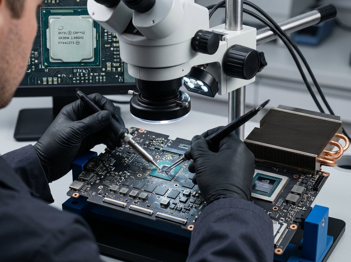 Technician performing precision BGA chip-level laptop motherboard repair in Pune